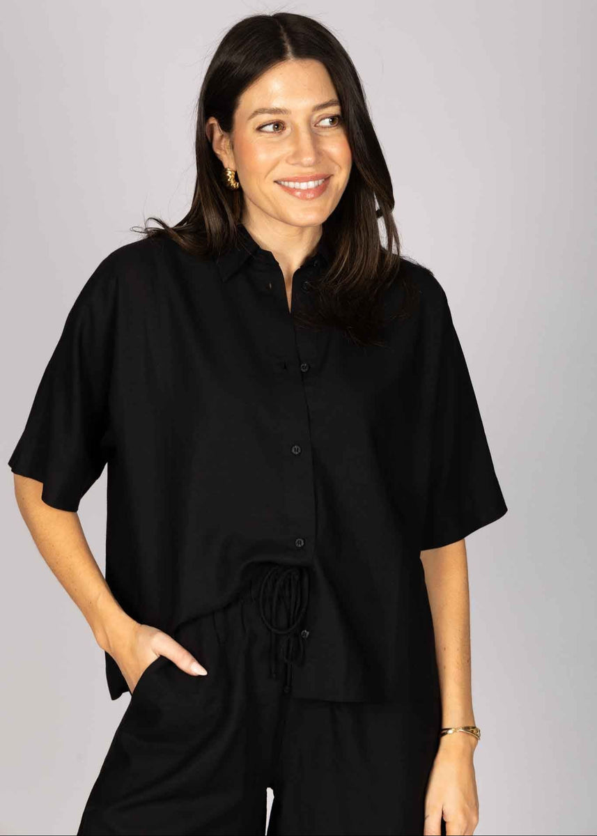 BOXY LINEN SHIRT - BLACK – WAT THE BRAND