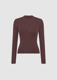  HIGH NECK RIBBED SCULPT LONG SLEEVE TOP - BROWN