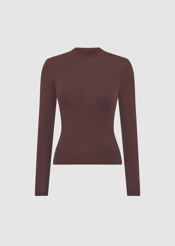 HIGH NECK RIBBED SCULPT LONG SLEEVE TOP - BROWN