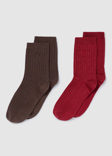  2 PACK RIBBED SOCKS - CHERRY & BROWN