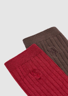  2 PACK RIBBED SOCKS - CHERRY & BROWN