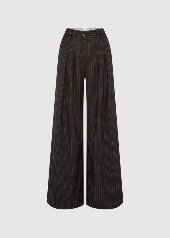 PINSTRIPE TAILORED WIDE LEG TROUSERS - BROWN