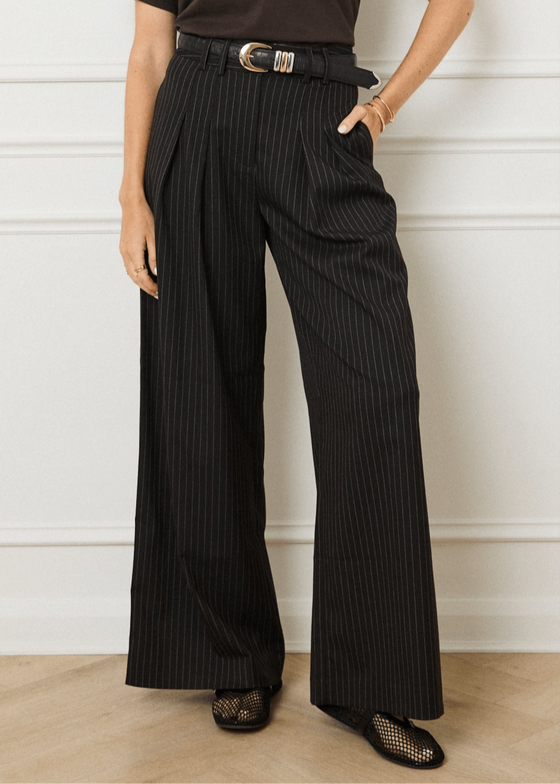 PINSTRIPE TAILORED WIDE LEG TROUSERS - BROWN