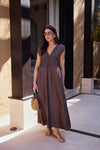 TWO-WAY RUCHED MIDI DRESS - MOCHA