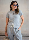 RIBBED BUTTON THROUGH TEE - LIGHT GREY MARL