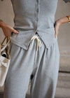 RIBBED BUTTON THROUGH TEE - LIGHT GREY MARL