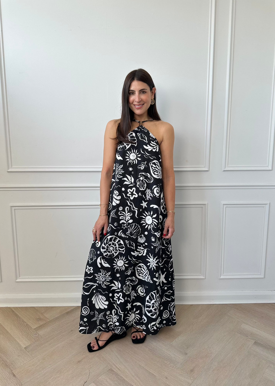 HALTER SHELL PRINT DRESS - BLACK