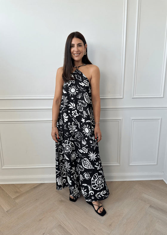 HALTER SHELL PRINT DRESS - BLACK