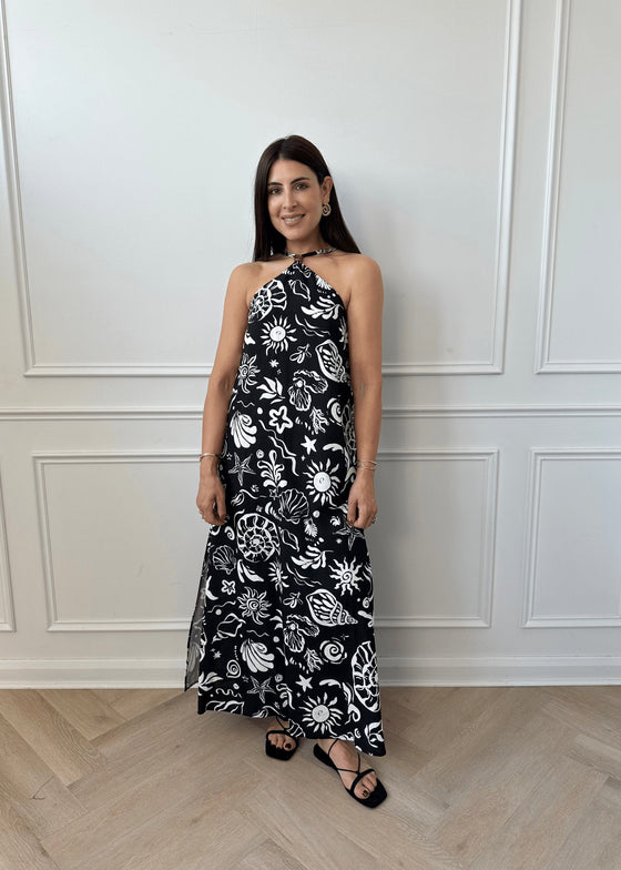 HALTER SHELL PRINT DRESS - BLACK