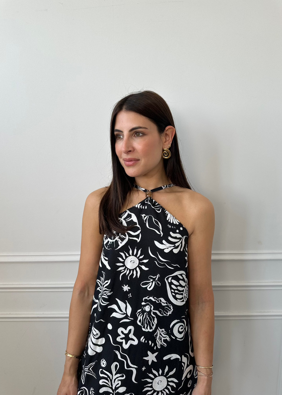 HALTER SHELL PRINT DRESS - BLACK