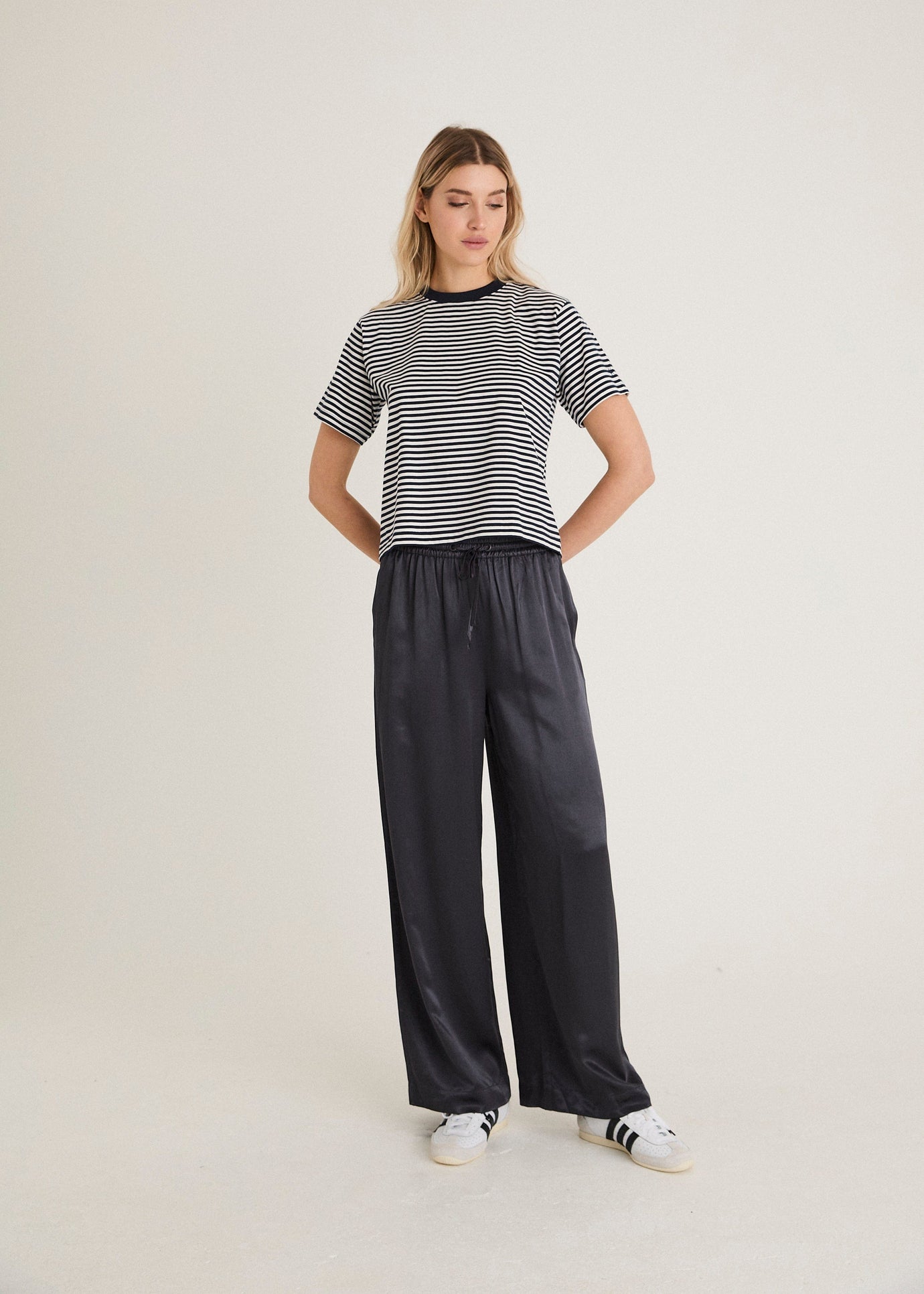 SATIN WIDE LEG TROUSER - NAVY – WAT THE BRAND