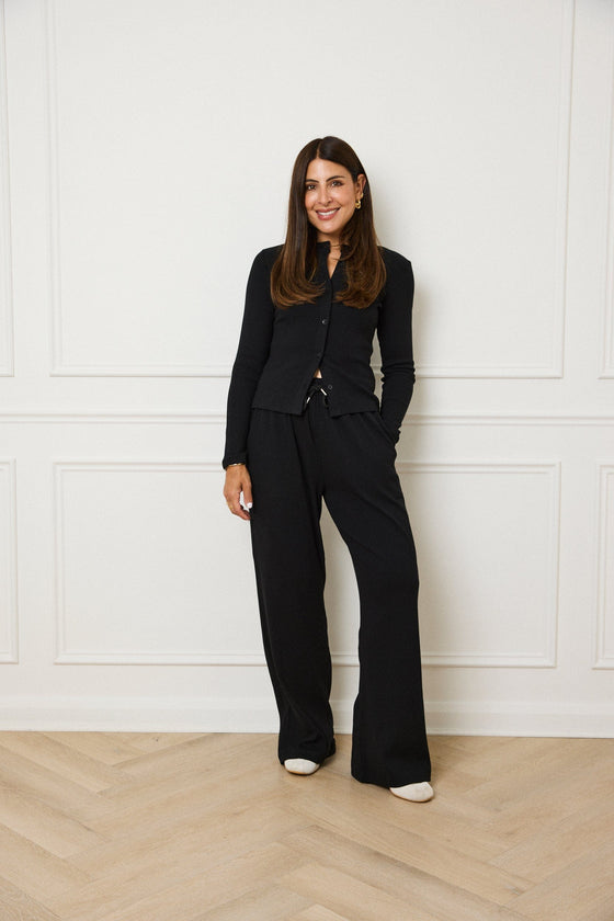 RIBBED BUTTON THROUGH TOP - BLACK