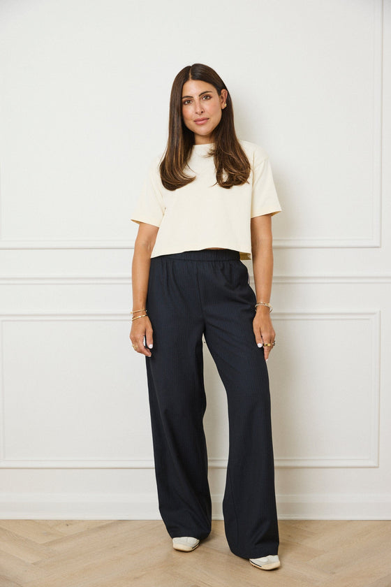 PINSTRIPE WIDE LEG TROUSERS - NAVY