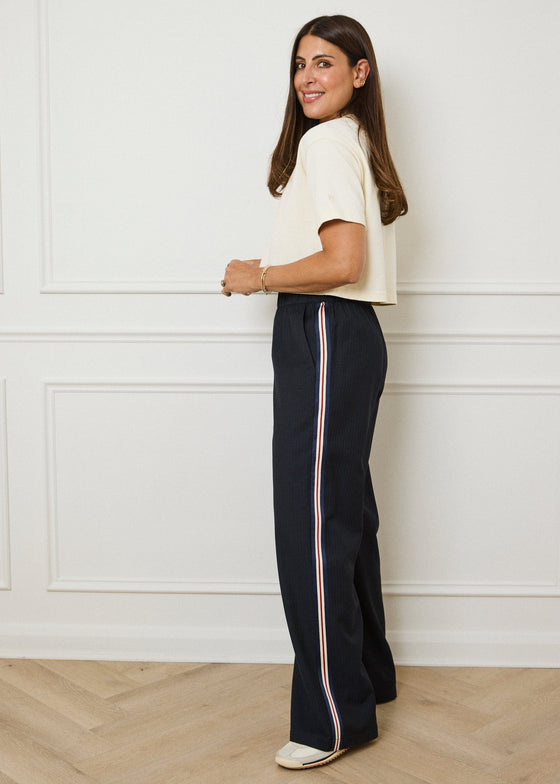 PINSTRIPE WIDE LEG TROUSERS - NAVY