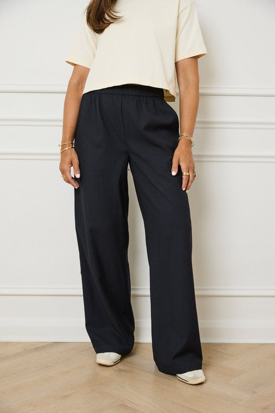 PINSTRIPE WIDE LEG TROUSERS - NAVY