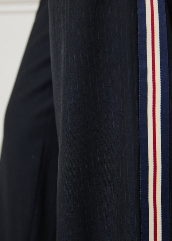 PINSTRIPE WIDE LEG TROUSERS - NAVY