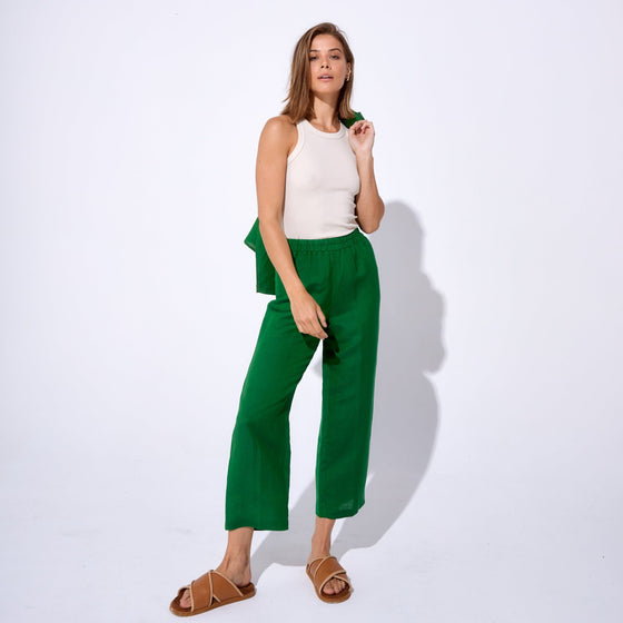 LINEN CROPPED TROUSERS - MATCHA