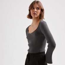  SWEETHEART RIBBED KNIT TOP - CHARCOAL
